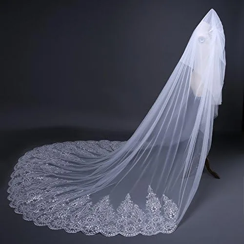 Miniatura 4 de Velo de novia para mujer, 2 niveles, largo, velo, catedral, con peine, encaje con diamantes, vestido largo de graduación, velo de boda nupcial