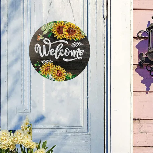 Miniatura 3 de LUSandy DIY 5D Wellcome - Kit de pintura de diamante de girasol para colgar en la pared, letrero de arte de girasol, diamante, decoración colgante