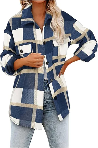 Miniatura 4 de Chaqueta de franela a cuadros para mujer, manga larga, mezcla de lana, chaquetas de otoño con botones en el pecho, bolsillos en el pecho, trajes