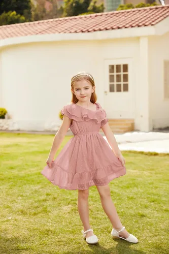Miniatura 4 de GRACE KARIN Vestido de verano para niñas, vestido de verano con un hombro y manga con volantes, vestido casual