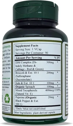 Miniatura 2 de Green Organic Supplements DIM, diindolilmetano, I-3-C, indol-3-carbinol, brócoli, 90 VCaps, alta absorción, sin OMG, sin gluten, (paquete de 3)