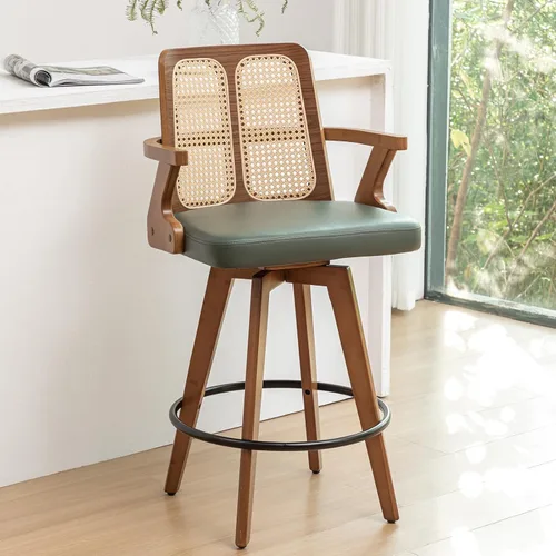 Miniatura 23 de Juego de 2 Taburetes de Mostrador - Taburetes Giratorios de 27 Pulgadas con Respaldo de Ratán, Brazos Curvos, Asiento Tapizado, Patas de Bambú Nogal