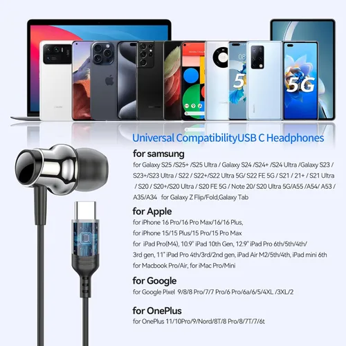 Miniatura 5 de Auriculares USB C para Samsung S25 S24 S23 Ultra FE S22 A55 A54 Auriculares con Cable Magnéticos Intrauditivos Tipo C con Micrófono Control