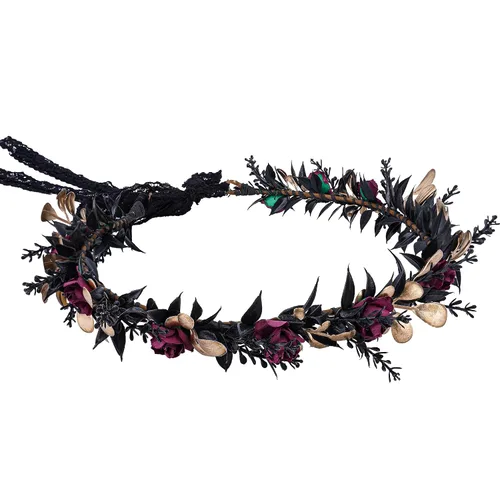 Miniatura 6 de MOSTORY Tocado de flores negras, corona floral de hada, corona de elfo oscuro, círculo de elfos para el Renacimiento, Halloween, gótico, boda