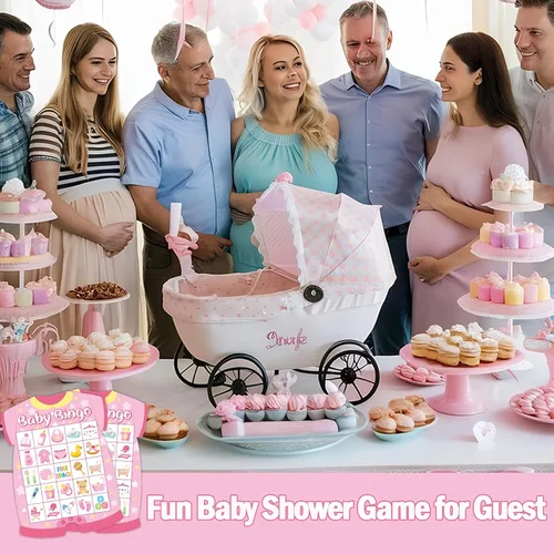 Miniatura 5 de Tarjetas de bingo para baby shower para 24 jugadores, suministros de actividades para fiesta de bingo de bebé recién nacido rosa
