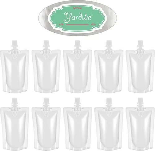 Miniatura 9 de Yardwe Frascos de plástico transparente con sello de boquilla de succión, bolsas de bebidas portátiles de 3.5 onzas para jugo, agua, vino, bolsas