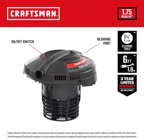 Miniatura 3 de CRAFTSMAN CMXEVBE17595 Aspiradora de Taller Húmedo/Seco de Servicio Pesado de 16 Galones 6.5 HP Pico con Filtro, Bolsa para Polvo, Manguera