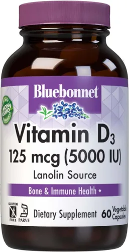 Bluebonnet Nutrition Vitamina D3 5000 UI - Cápsula vegetal, ayuda en el crecimiento muscular y esquelético, colecalciferol de lanolina, D3, sin OMG,