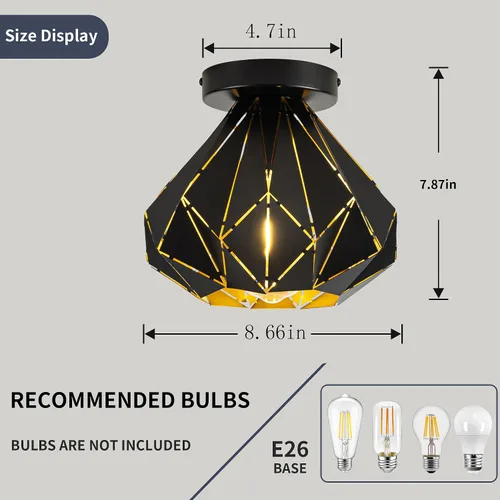 Miniatura 3 de Modern Geometric Ceiling Light, Black Metal Diamond Cage Design, Semi-Flush Mount, Industrial Style, E26, Matte Black with Gold Inside