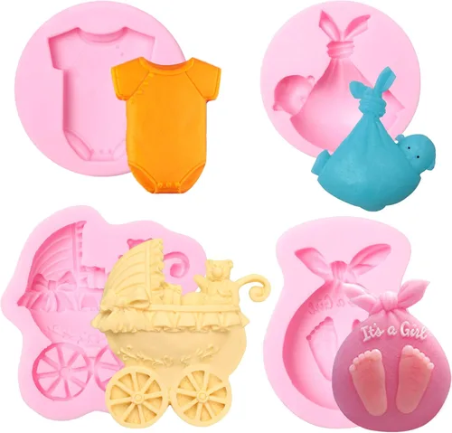 Linda decoración para cupcakes de bebé, moldes de silicona de caramelo de chocolate, 4 piezas, carrito de pasteles y pies de ropa, molde de fondant