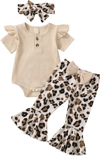 VOLUOVO Conjunto de ropa para bebé recién nacido, con malla de margaritas, encaje de manga abombada, pantalones acampanados, diadema