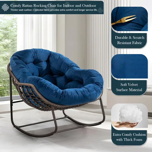 Miniatura 5 de Mecedora para exteriores, silla de huevo de ratán de gran tamaño, cojín reclinable acolchado para interiores y exteriores, moderna silla de descanso