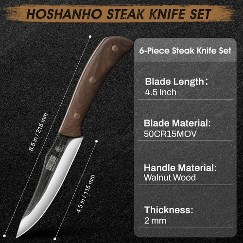 Miniatura 4 de HOSHANHO Juego de 6 cuchillos para carne, ultra afilados de 4.5 pulgadas, no dentados, de acero de alto carbono, forjados a mano con mango de madera