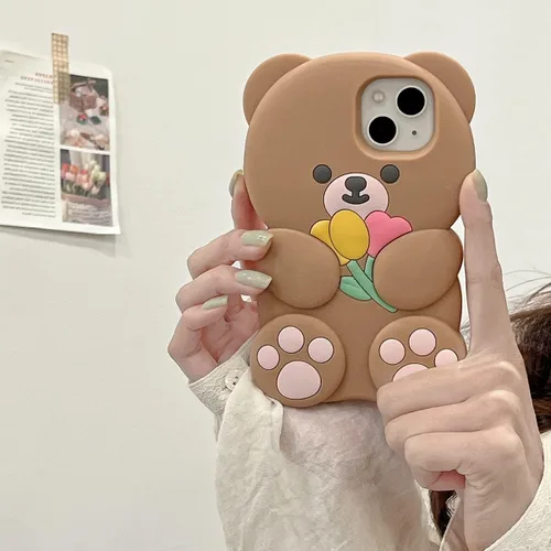 Miniatura 3 de Fundas para teléfono Kawaii compatibles con iPhone 13 Pro Max, linda funda de silicona suave 3D con diseño de oso de flores de dibujos animados