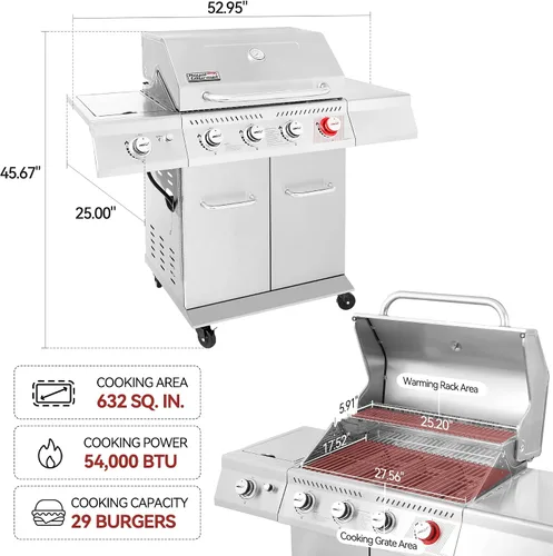 Miniatura 3 de Royal Gourmet GA4402S Parrilla de gas propano de 4 quemadores con quemador lateral y estante de calentamiento, parrilla de gas de acero inoxidable