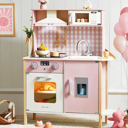 Tiny Land Juego de cocina para niños, juego de cocina de madera para niños, juego de cocina de chef para niños pequeños con luces y sonidos reales,