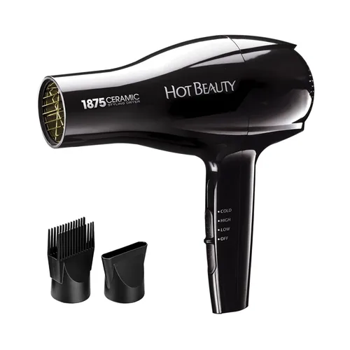 Hot Beauty 1875 - Secador de pelo de cerámica, 2 accesorios incluidos, ligero y de secado rápido, ajuste de velocidad de calor, tamaño perfecto para