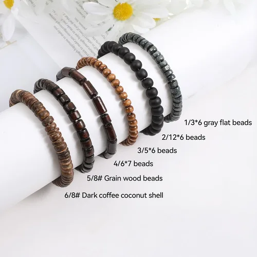 Miniatura 3 de TIESOME 6 pulseras de cuentas para hombre, cuentas de madera multicapa y pulseras de cuero trenzado, cordón elástico ajustable, estilo grunge