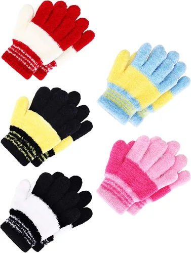 Miniatura 6 de SATINIOR 5 pares de guantes de dedos completos para niños, guantes de punto cálidos guantes de invierno para niños pequeños y niñas, suministros