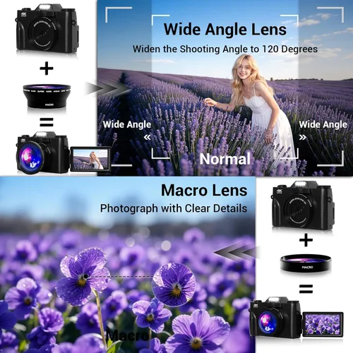 Miniatura 6 de Cámara digital, 75MP WiFi 4K Vlogging cámara de video para YouTube con pantalla abatible de 180° de 3 pulgadas, tarjeta SD de 64 GB, antivibración