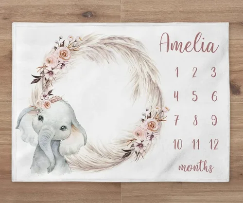 Miniatura 2 de NAZENTI Manta de bebé – Manta personalizada de elefante niña, manta personalizada de hojas de pampa, manta del mes del bebé, regalo para recién