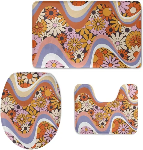 Miniatura 9 de UNICEU Alfombras de baño de 3 piezas, diseño de margaritas hippie, girasol, suave, absorbente, alfombrilla de baño + alfombrilla de contorno