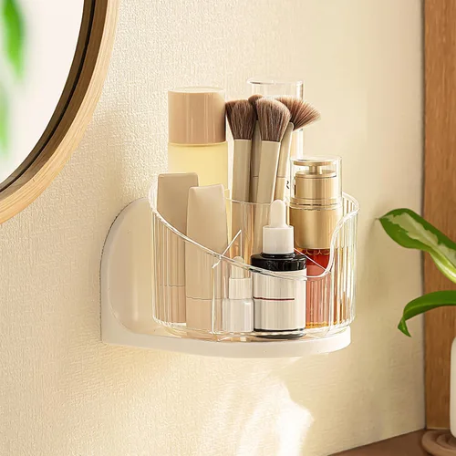 Poeland Organizador de brochas de maquillaje montado en la pared, soporte de maquillaje giratorio 360 con 6 compartimentos para productos de cuidado