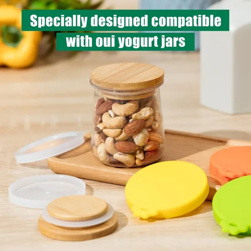 Miniatura 5 de Mumufy - 27 tapas para tarros de yogur Oui de silicona, madera de bambú, tapas de plástico transparente con anillos de sellado de silicona, fundas