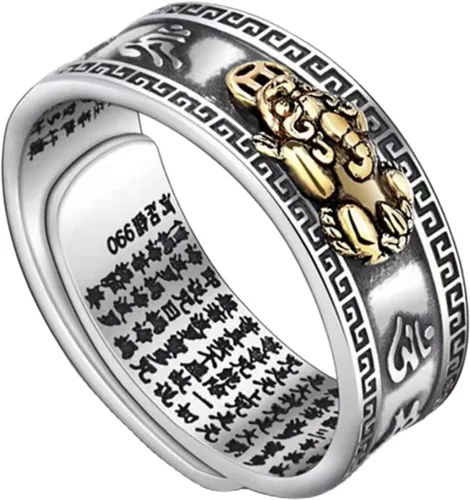 COLORFUL BLING Feng Shui Pixiu Dragon Finger Anillo Vintage Plata Grabado Camafeo Riqueza Buena Suerte Dinero Amuleto de Protección Ajustable