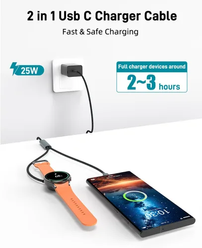 Miniatura 2 de Cargador 2 en 1 para Samsung Watch, compatible con Samsung Galaxy Watch 8/Ultra/7/6/5/4/3, cargador USB C de 25 W para Galaxy S26 Ultra/Z