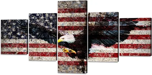 Miniatura 48 de Arte de pared de concepto patriótico, pintura de bandera estadounidense y británica, lienzo de estrellas y rayas, 5 paneles, arte moderno americano