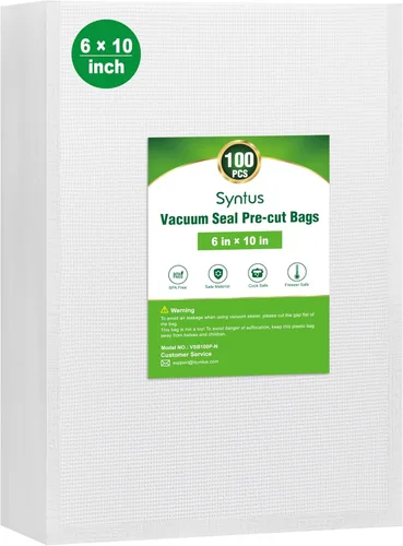Bolsas selladoras al vacío Syntus para alimentos, 100 unidades de pinta de 6" x 10", bolsa precortada de grado comercial, bolsas de vacío de