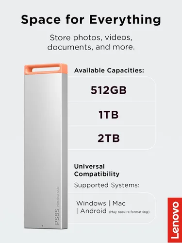 Miniatura 5 de Lenovo PS8S SSD portátil de 2 TB, hasta 1050 MB/s de lectura, escritura de 1000 MB/s, USB 3.2 USB-C, cuerpo de aluminio delgado y ligero