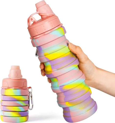 Miniatura 8 de Botella de agua de silicona plegable, portátil, reutilizable, para adultos, niños, estudiantes, viajes, campamento y senderismo, morado y azul