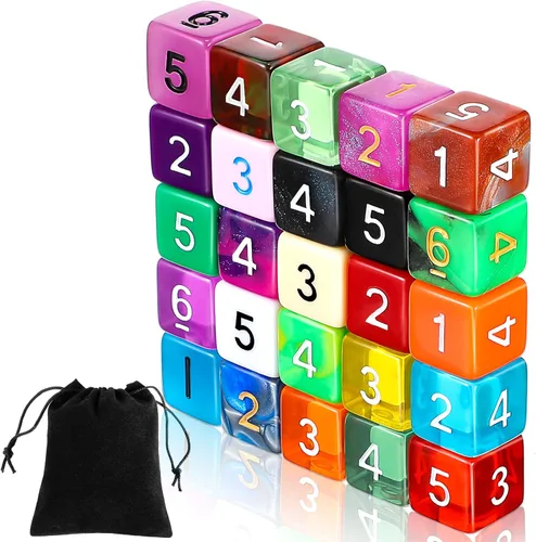 Miniatura 11 de TecUnite Juego de 25 dados poliédricos de 6 lados con bolsa negra compatible con actividades de tabla, fiestas, aprendizaje de matemáticas y otros