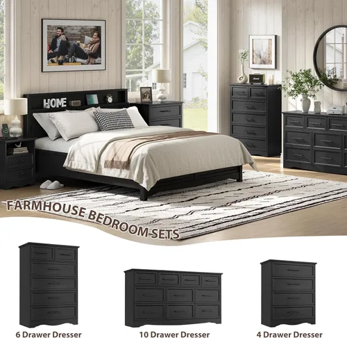 Miniatura 7 de YANSNWO Cómoda de Granja Negra para Dormitorio, Moderna Cómoda de 6 Cajones, Cómoda Alta de 44" con Manijas de Metal Cepillado, Organizadores