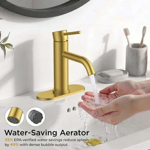 Miniatura 3 de FORIOUS - Grifo de baño dorado de 1 agujero, grifo de lavabo de acero inoxidable con desagüe emergente de metal y manguera de suministro, adecuado