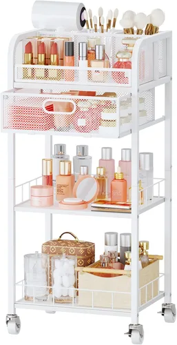 Miniatura 12 de HapiRm Organizador de maquillaje, carrito de almacenamiento de 4 niveles para el cuidado de la piel con cajón, carrito de maquillaje rodante