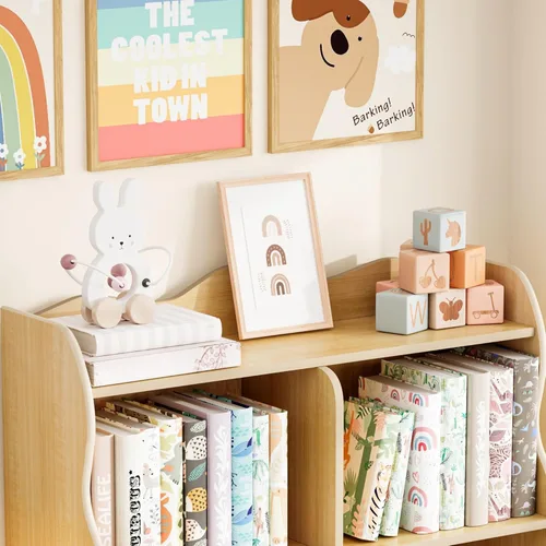 Miniatura 4 de Estantería para niños y organizador de juguetes Treocho, estantería de madera para niños de 3 niveles con diseño curvo, 5 compartimentos