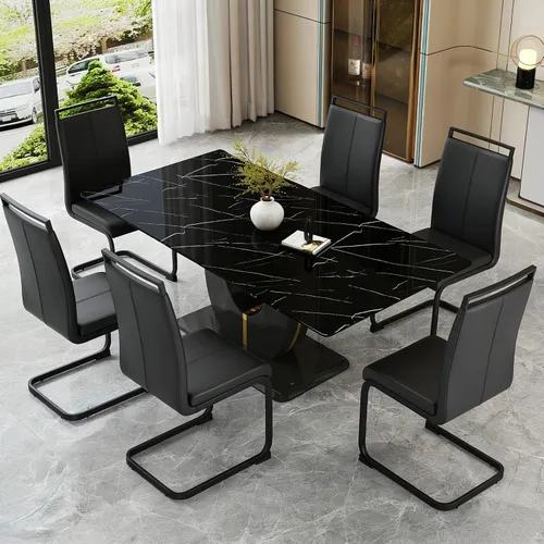 Juego de mesa de comedor de mármol sintético para 6.71 pulgadas, juego de mesa de comedor moderno para 6 personas con mesa de vidrio y pedestal en