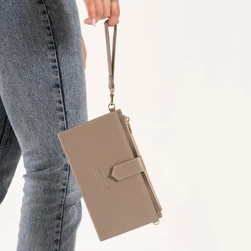 Miniatura 6 de Cartera de cuero genuino para mujer con protección RFID, cartera plegable para teléfono celular, con cremallera, diseño delgado, con múltiples