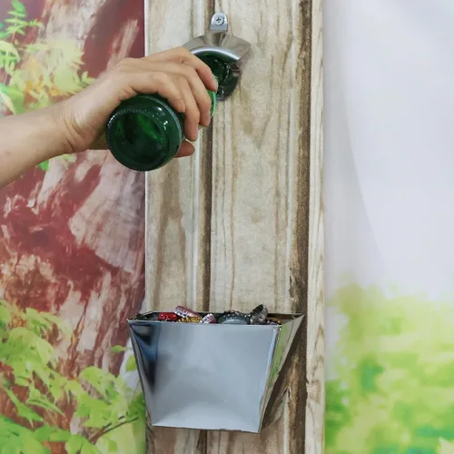 Miniatura 4 de Abridor de botellas de acero inoxidable montado en la pared con cubo colector de tapa (acabado pulido)