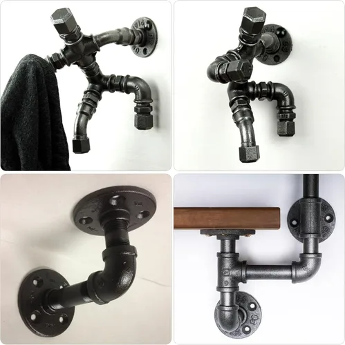 Miniatura 5 de DSDS Paquete de 10 bridas de piso de 4 agujeros de 1/2 pulgada, brida de piso de hierro maleable industrial rústico negro para estantes de tubería