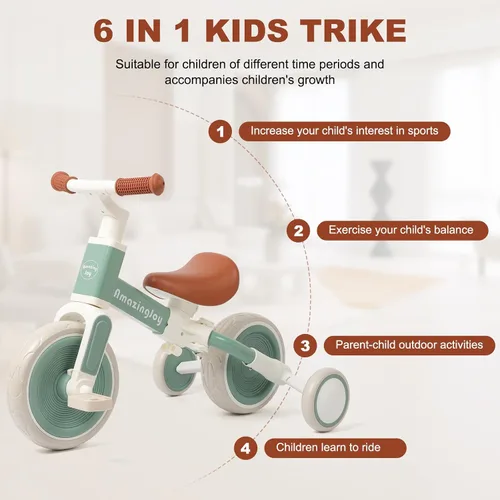 Miniatura 5 de Triciclo para niños de 6 en 1 para niños de 1 a 3 años, bicicleta de equilibrio con manillar, triciclo de equilibrio para bebé con pedal extraíble