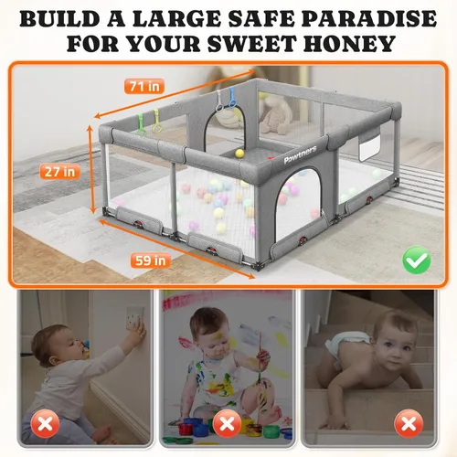 Miniatura 5 de Corralito plegable para bebés: 71 pulgadas de largo x 59 pulgadas de ancho x 27 pulgadas de alto, patio de juegos grande para niños con tapete