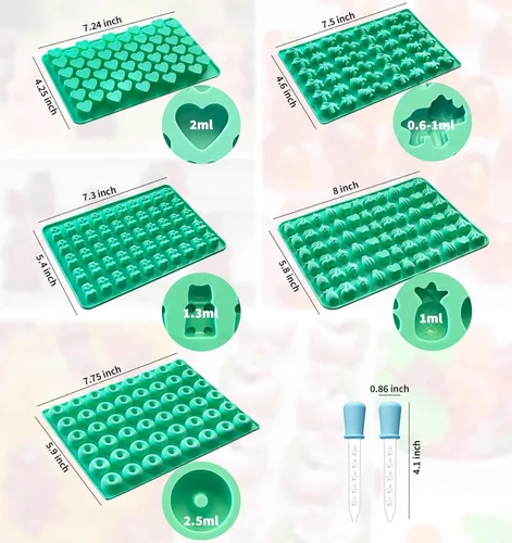 Miniatura 2 de Juego de 5 moldes de goma de silicona, moldes de silicona para dulces con 2 cuentagotas para un relleno cómodo, juego de moldes de gomita incluye