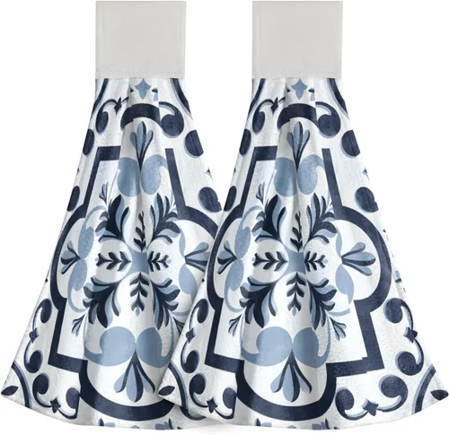 Giwawa Toallas de mano de cocina de flores azul marino, modernas, bohemias, para colgar, con lazo, de secado rápido, 2 unidades, para baño, baño,