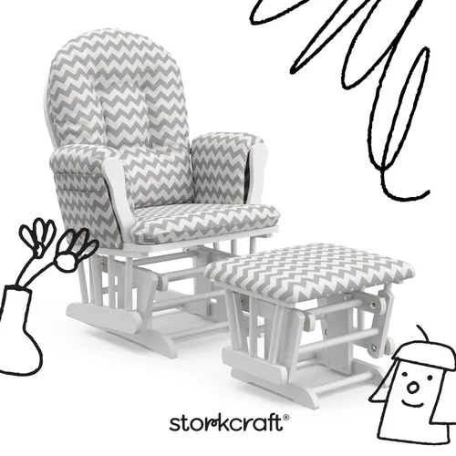 Miniatura 9 de Storkcraft Planeador de Aro Premium y Otomana (Chevron Blanco/Gris) — Planeador de Guardería con Certificado GREENGUARD Gold, Artesanía de Madera