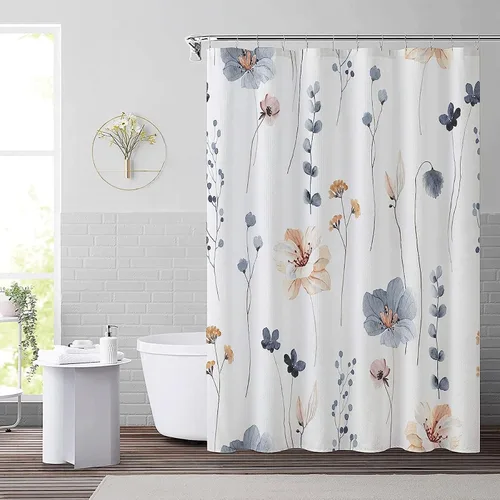 Miniatura 9 de Juego de cortinas de ducha – Cortina de baño floral con flores azules y beige, cortina de ducha para baño, juego de cortina de ducha de tela