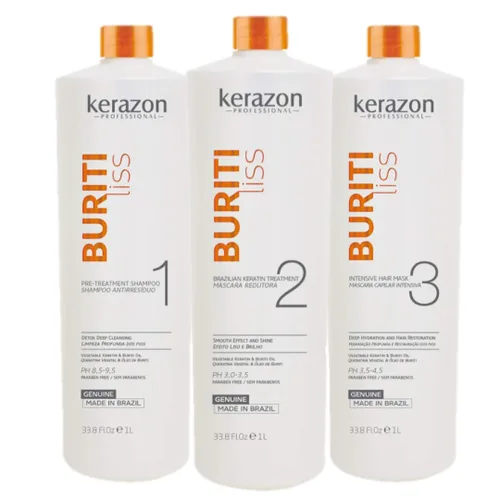 Tratamiento de Keratina Brasilera 34 fl. oz/1 L Importado KIT con bombas Buriti Liss de KERAZON Profesional